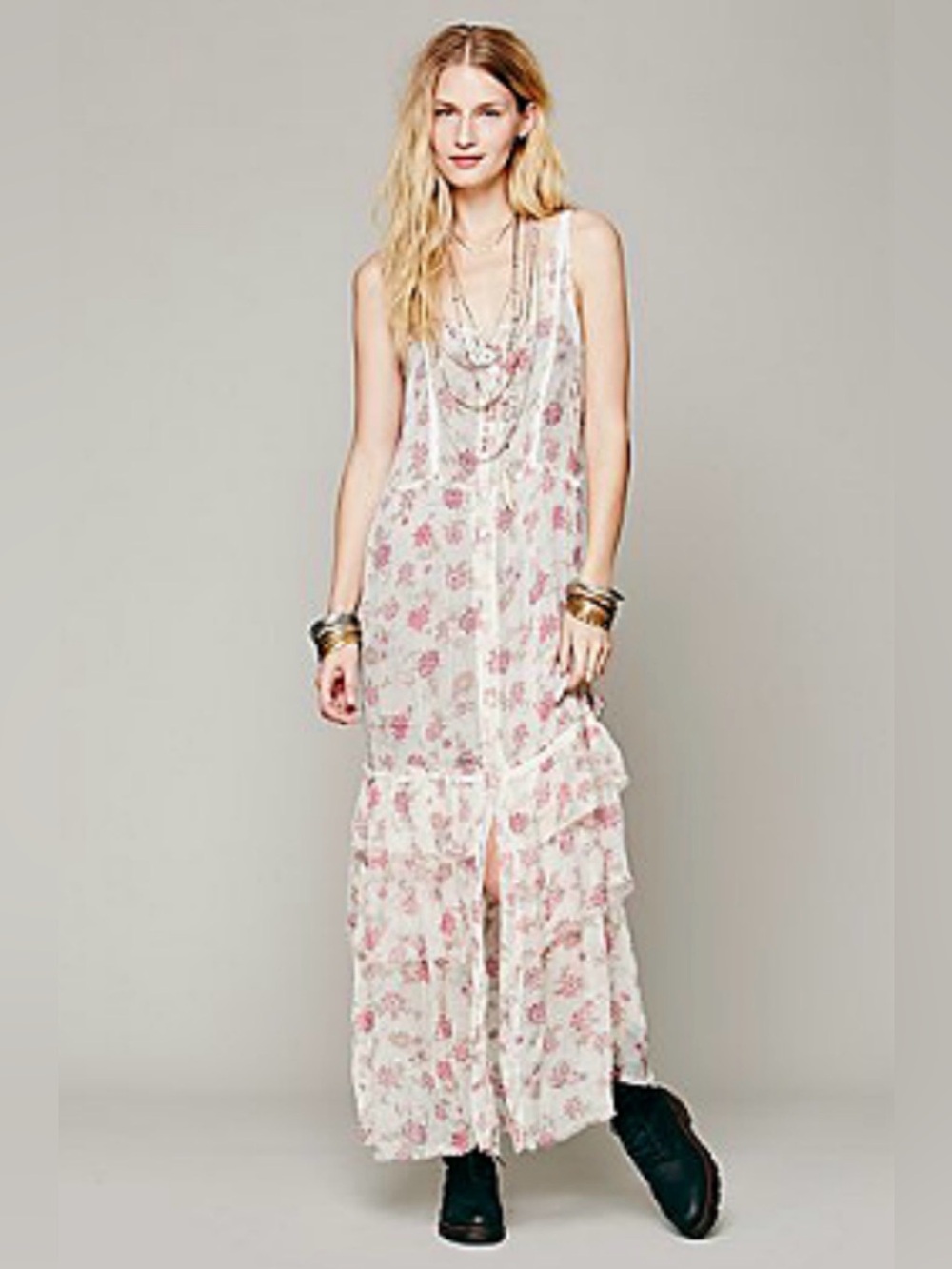 Free People Lucy Button Front Sheer Tiered Floral Slip Dress M ASO Misty Day